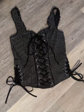 Hot Topic Black Pinstripe Lace-Up Corset Tank